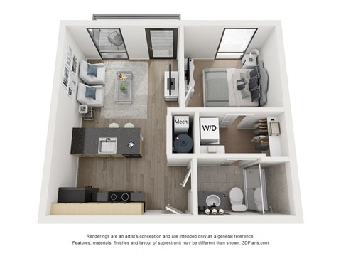 Floor plan for 1 bed, 1 bath, 443 sqft